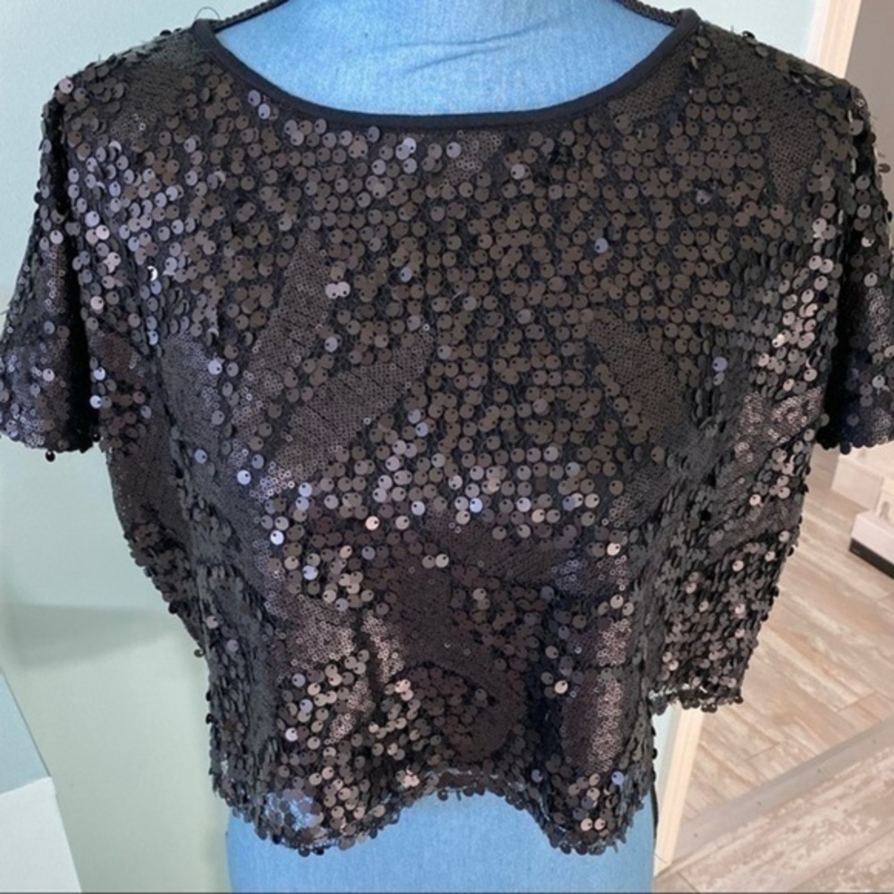 Cropped Sequined Top Sz Small Black Lined Pristine Condition By Lucca Couture